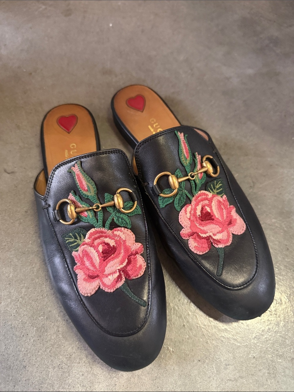 Gucci Black Leather Floral Embroidered Princetown Mule - Pink Rose